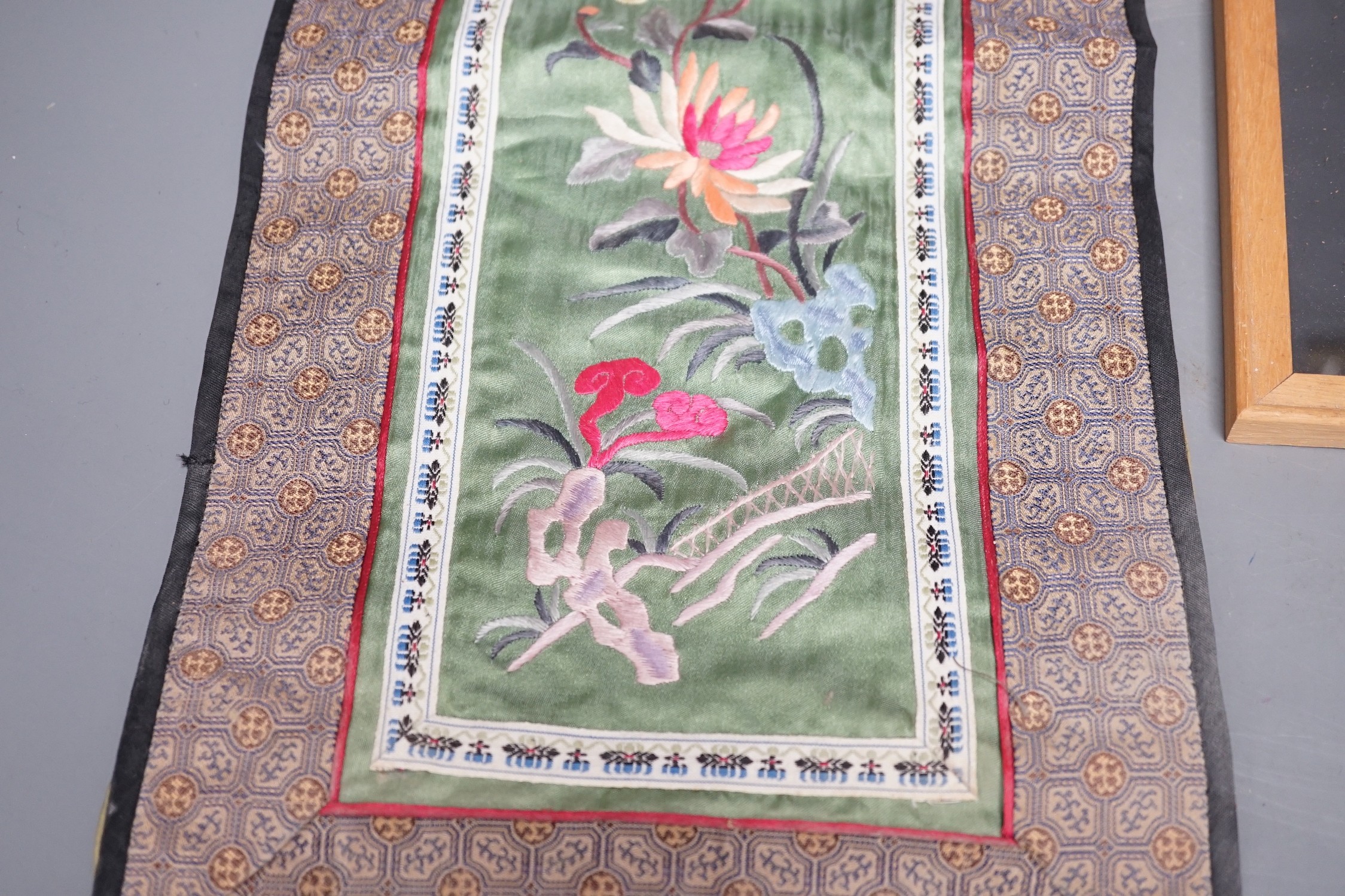 Two Chinese embroidered panels, a Persian painting and a Chinese picture